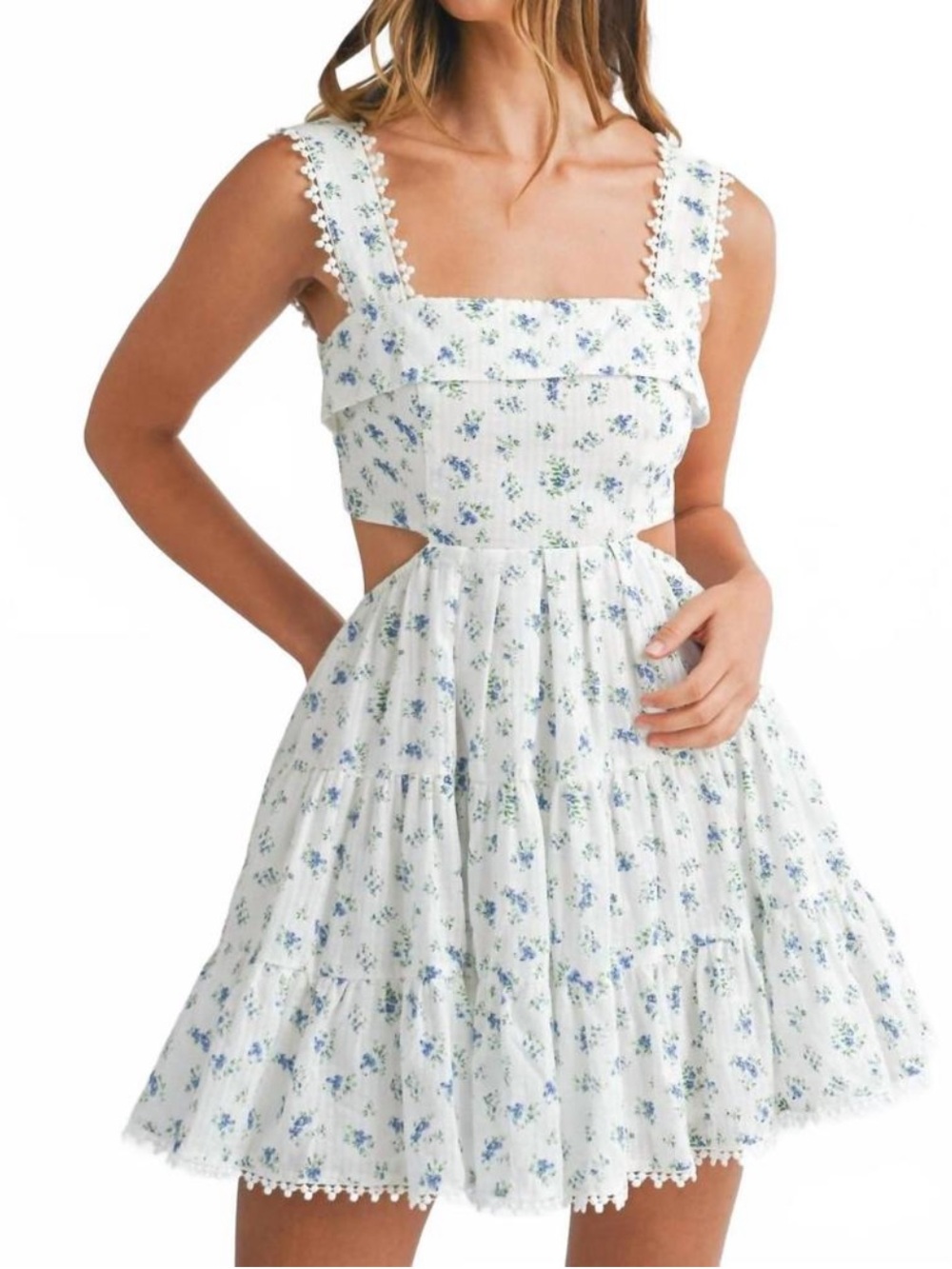 Mable Sz L Blue Ditsy Floral Ruffled Cutout Mini Dress Lace Feminine Cottagecore